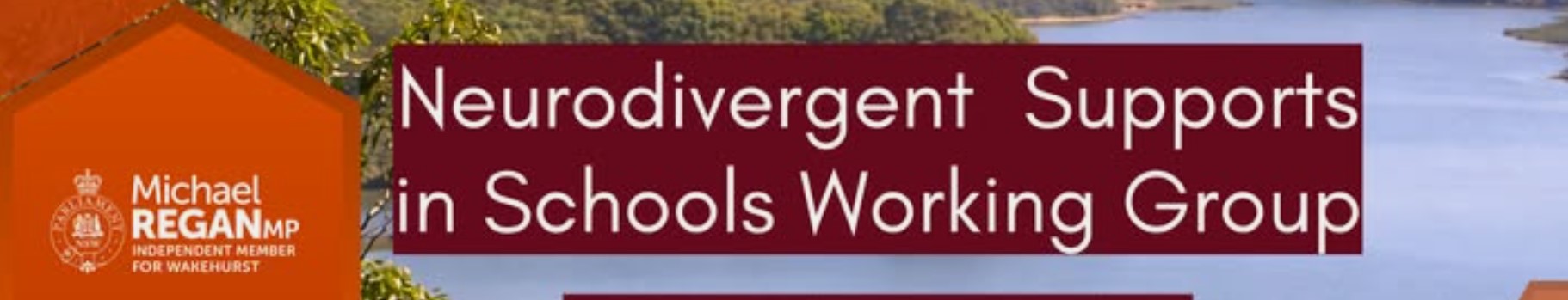 Banner for the Neurodivergent Supports in Schools Working Group, featuring the emblem of Independent NSW MP Michael Regan, Member for Wakehurst